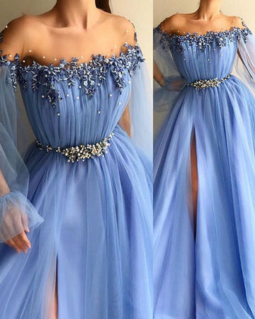 GORGEOUS OFF-THE-SHOULDER APPLIQUES TULLE A-LINE PROM DRESS HZ1023